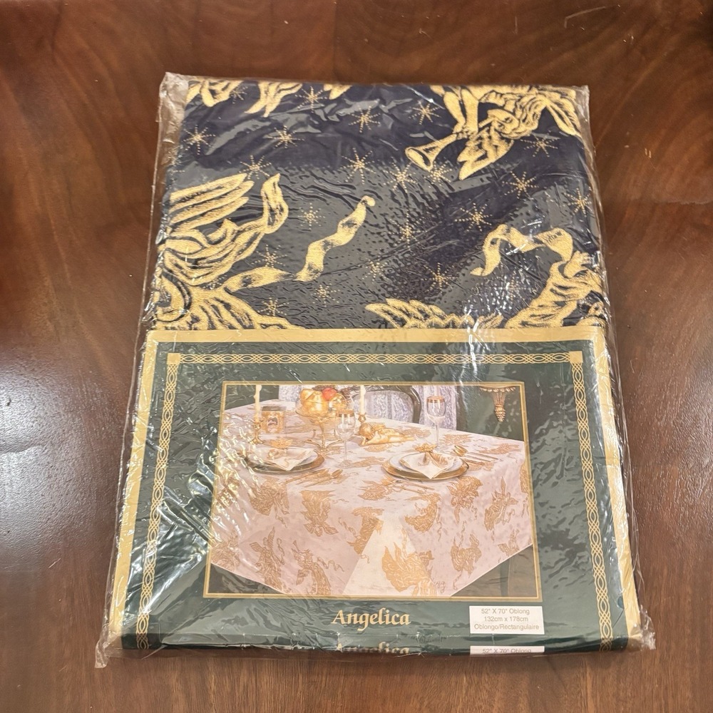 Vintage Bardwil Angelica Angel Cherub Tablecloth 52x70 Navy Gold New Sealed